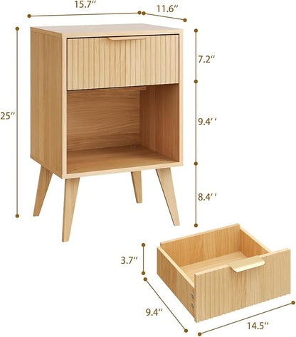 Fluted Night Stand with Opening Storage,Mid Century Bedside Table with Drawer,Wood Nightstand with Solid Wood Legs,End Table Side Table for Living Room,Bedroom,Natural CTG56Y