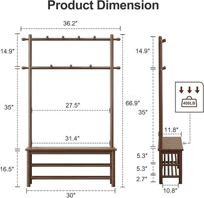 Coat Rack with Shoe Storage, Wooden Hall Tree with Bench, 11 Hooks and 2-Tier Storage Shelves, 3-in-1, Entryway Bench with Coat Rack (39.3"-Walnut)