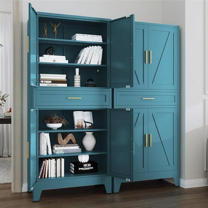 71 "Farmhouse Metal Filing Cabinet with a Drawer and 4 Adjustable Shelves, with 4 Large barn Door White Kitchen Cabinets, Metal Food Cabinets for Home, Kitchen, Dining/Living Room (Peacock Blue)
