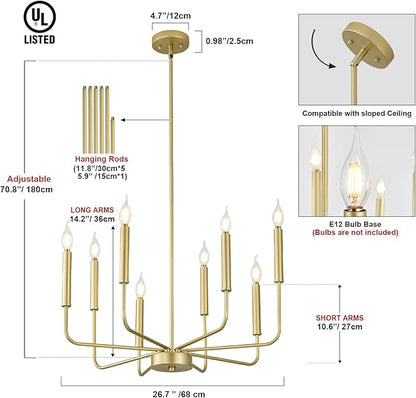 Modern Gold Farmhouse Chandeliers, 8-Light Industrial Metal Chandelier Lighting, Classic Candle Hanging Pendant Light Fixtures for Kitchen Bedroom, Dining Room, Living Room,Foyer