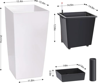 30" Tall Planters Set of 2, Outdoor＆Indoor Black Planter Pots, High Front Porch Planter Pots with Drainage Holes＆Water Level Monitor Movable Wheels ＆Inner Bucket, Automatic Watering, White