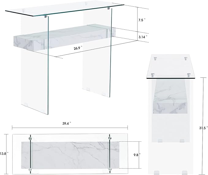 ivinta Glass Entry Table with Storage, 39.4" Modern Console Table for Living Room, Foyer, Hallway, Bedroom 5101 (White)