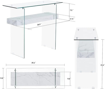 ivinta Glass Entry Table with Storage, 39.4" Modern Console Table for Living Room, Foyer, Hallway, Bedroom 5101 (White)