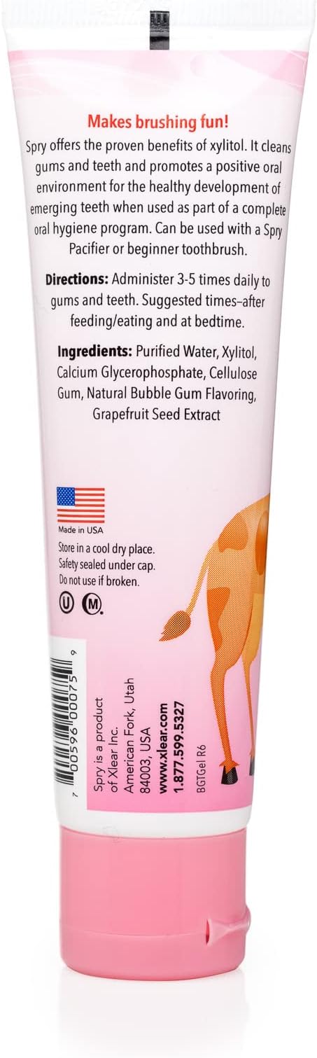 Spry Natural Xylitol Toothpaste for Baby, Toddler and Kids Age 3 Months and Up - Fluoride Free Tooth Gel, Tasty, Support Development of Emerging Teeth, Bubble Gum 2 Fl Oz (Pack of 2)
