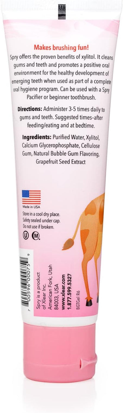 Spry Natural Xylitol Toothpaste for Baby, Toddler and Kids Age 3 Months and Up - Fluoride Free Tooth Gel, Tasty, Support Development of Emerging Teeth, Bubble Gum 2 Fl Oz (Pack of 2)