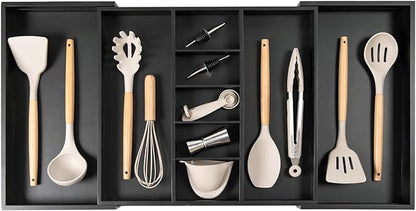 Adjustable Kitchen Drawer Organizer for Utensils and Junk, Food-Safe Contract Grade with 100% Sustainable Wood, Expandable from 19 to 33 Inches Wide - Black Bamboo