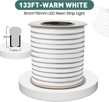 GZBtech Flexible LED Neon Rope Lights 132FT,AC 110-120V Waterproof Strip Light, 120 LEDs/M Cuttable Connectable Neon Lighting for Indoor Outdoor Home Decor/Commercial Building Use-Cold White 40M