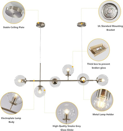 KCO Lighting 6 Light Bubble Glass Pendant Light Mid Century Modern Globe Sputnik Chandelier Linear Chandelier Lighting Brushed Nickel Hanging Light Fixture for Kitchen Island Dining Room