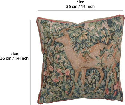 Charlotte Home Furnishings Decorative Tapestry Pillow Cover 14x14 in, Green Two Does Couch Throw Pillow Cover, French Country Square Cushion Cases for Bed Room Home Decor, Soft Cotton Jacquard Woven