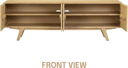 NTC Sapa Mid-Century Modern Solid Wood TV Stand 4-Door Media Console with Carved Geometric Fronts for TVs up to 75", Effortless Assembly, Sand