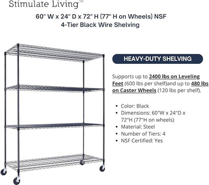 60"x24"x72" PRIME HEAVY DUTY Black 4-Tier Wire Shelving NSF 2400 LBS MAX Capacity Storage Rack for Commercial, School, Home, Garage, Warehouse, Industrial, and Hospital Uses (with Wheels)