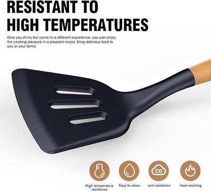 Silicone Cooking Utensils Set - Silicone Kitchen Utensils for Cooking Wooden Handles, 446°F Heat Resistant Kitchen Utensil Spatula Sets w Holder, Gadgets for Non-Stick Cookware BPA FREE (Navy Blue)