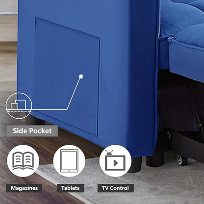 3 in 1 Convertible Sleeper Sofa Bed,Futon Loveseat Couch with Pull-Out Bed & Adjustable Backrest,Velvet Fabric Sofa with Side Pocket for Small Apartment, Living Room, Office (Blue)