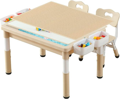 Multi Functional Kids Table and 2 Chairs Set, Graffiti & Building Blocks Double-Sided Tabletop, Toddler Play Table with Drawers, Large Storage Space, Gift for Boys/Girls, Burlywood