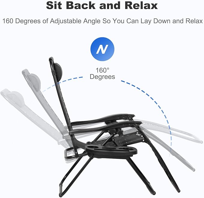 Nazhura Set of 2 Relaxing Recliners Patio Chairs Adjustable Steel Mesh Zero Gravity Lounge Chair Beach Chairs with Pillow and Cup Holder Black