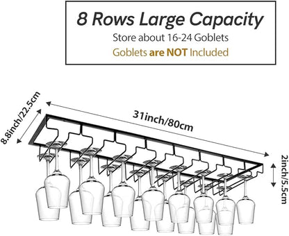 Xverycan Wine Glass Rack Under Cabinet, 8 Row Extreme Large Stemware Hanger, Metal Wine Goblet Holder, DIY Bar Glass Storage Rack for Bar Counter, Kitchen, Screws Included (Black)