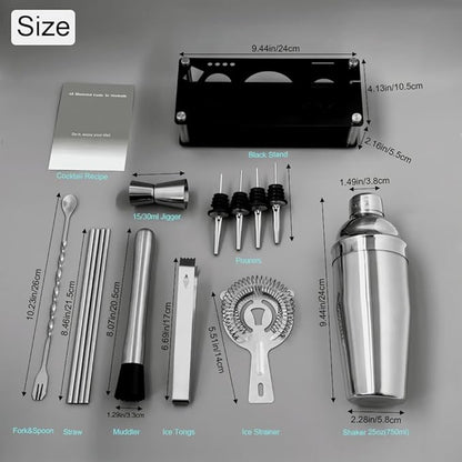 14-Piece Cocktail Shaker Set Bartender Kit with Black Stand, Bar Tool Set for Drink Mixing Bartending Kit Bar Sets Accessories: 750ml(25oz) Shaker, Jigger, Muddler, Cocktail Recipes (Silver)