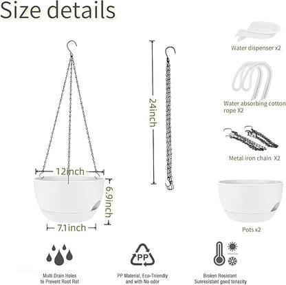 2 Pack Hanging Planters for Indoor Outdoor Plants, 8 Inch Self Watering Hanging Pot with Drainage Holes and Saucer, Plastic Plant Pots, White Flower Pots for Kitchen, Balcony, Garden