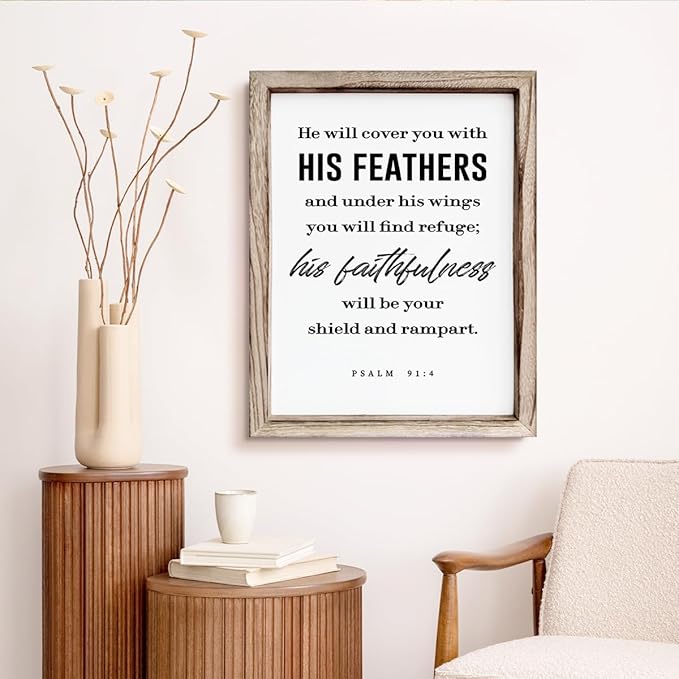 Christian Decor Signs, Framed Wall Plaque Sign 15 * 11.5 inches, Religious Home Decor, Inspirational Christian Gift for Him, He will Cover You with His Feathers Sign