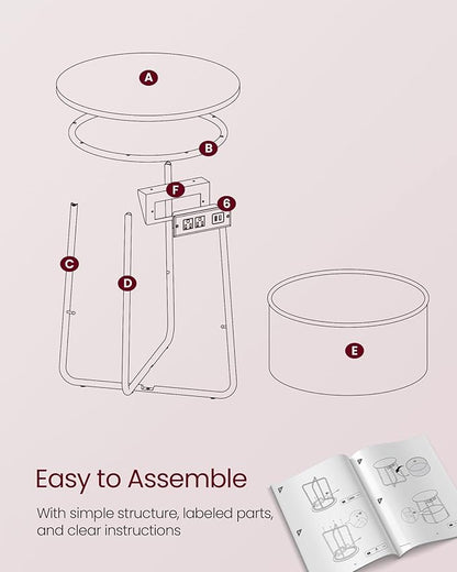 VASAGLE Side Table with Charging Station, Round End Table with Fabric Basket, Nightstand with Power Outlets, USB Ports, for Living Room, Bedroom, Modern, Jelly Pink and Cream White ULET228R01
