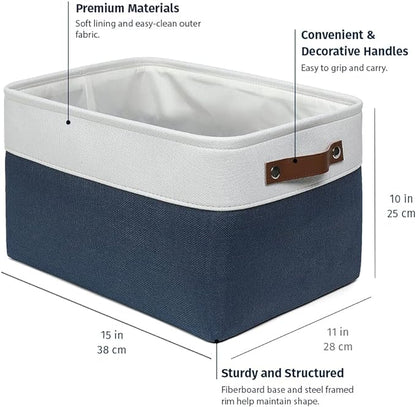 OrganiHaus Large Fabric Storage Bins for Shelves 3 Pack, 15x11in Closet Storage Bins for Shelves, Cloth Baskets & Closet Organizers, Fabric Basket, Navy Blue/White