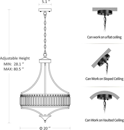 20" Modern Farmhouse Crystal Chandeliers for Dining Room, 5-Light Black Antique Pendant Chandelier, Contemporary Hanging Light Fixture for Living Room Bedroom Foyer Kitchen Island Entryway