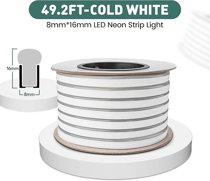 GZBtech Flexible LED Neon Rope Lights 50FT,AC 110-120V Waterproof Strip Light, 120 LEDs/M Cuttable Connectable Neon Lighting for Indoor Outdoor Home Decor/Commercial Building Use-Cold White 15M