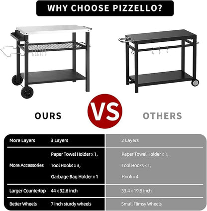 Grill Cart Table with Three Shelf, Movable Outdoor Dining Cart Pizza Oven Stand with Three Hooks, Kitchen Cart Island Multifunction Food Prep Table (Sliver)