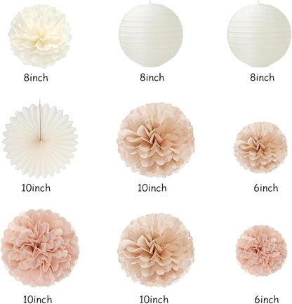 Champagne Rose-Gold Beige Birthday Party-Decorations - 14pcs Happy Banner Boho Lanterns Tissue Pom Poms,Rustic Streamers Garland Fans,Neutral One Sweet Peach Girls Women Hanging Supplies Decor Hugfond