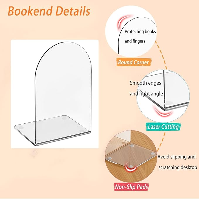 Lulonpon 2 Pieces Book Ends, Bookend, Books Ends for Shelves, Books Ends for Heavy Books, Clear Bookends, Acrylic Bookends for School, Library,Desktop Organizer and Book Shelves