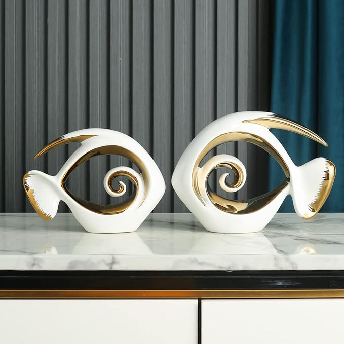 White Gold Ceramic Fish Figurines - Coastal Home Decor, Modern Ocean Centerpieces for Living Room, Dining Area, Bathroom, Office, Coffee Table, Beach House, Nautical, Seaside, Entrance, Shelf Display