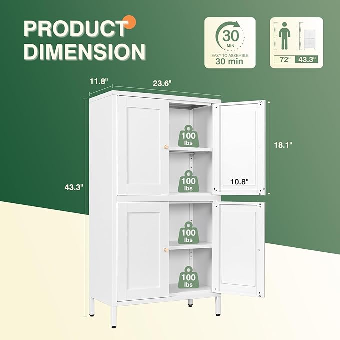 Letaya Storage Cabinet with Doors and Shelves,Small Freestanding Bathroom Floor Metal Cabinets -White