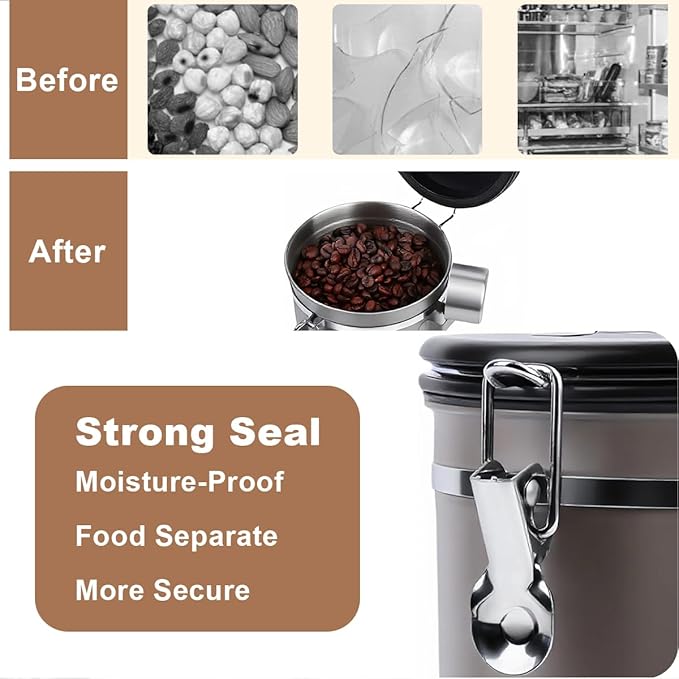 Coffee Canister Airtight Storage Container Stainless Steel Coffee Jar with Scoop,Date Tracker CO2 Release Valve for Dry Food Beans Ground Tea Flour Cereal and Sugar (1.8L Grey-Brown With Spoon(2pcs))