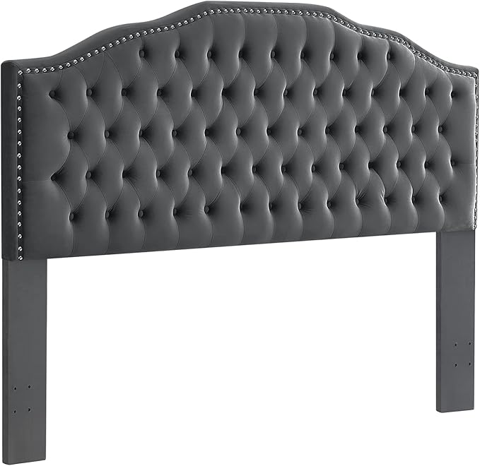 24KF Upholstered Button Tufted King Size Headboard with Nailhead Trim, Soft Velvet Fabric Headboard King/Cal King Size -Dark Gray
