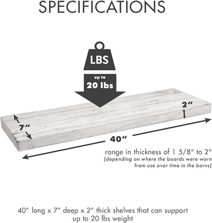 Urban Legacy Reclaimed Barnwood Planks | Floating Shelves for Wall w/Flush Mount Shelf Bracket Set Included | Set of 2 (White Wash, 40"x7"x 2")