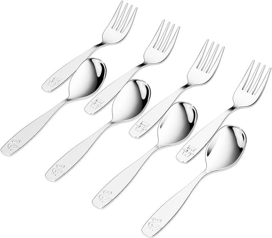 8 Pieces Toddler Utensils, Kids Stainless Steel Silverware Set - 4pcs Forks and 4pcs Spoon, Cute Children Flatware Sets with Mirror Polished, Self Feeding Safe, Dishwasher Safe