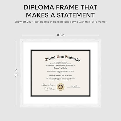 Homeforia 15x18 Diploma White Wood Frame, High End Oak 15 x 18 Certificate Frames with Mat 11 x 14, 15by15 Document Frame Matted to 11by14, Graduation Wooden Frames, Tempered Glass, Wall Kit, Set of 1