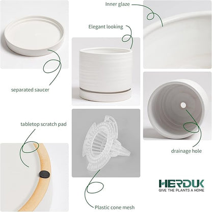 8 Inch Pots for Plants, Ceramic Planter Pot with Drainage Hole & Saucer, Indoor/Outdoor Cylinder Round Planter Pot, Matte White