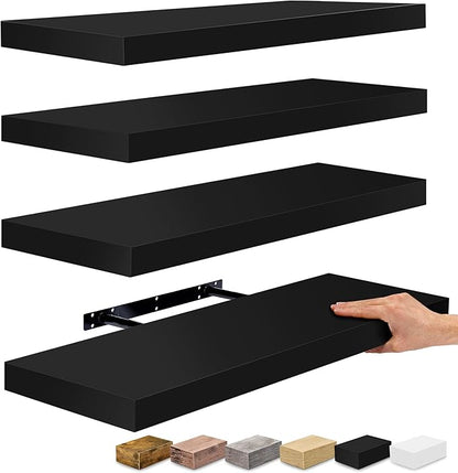 Sorbus Floating Shelves for Wall - 24" Bathroom Shelves, Wall Decor for Bedroom, Kitchen, Living Room, Home Decor & Book Storage - Mounted Floating Shelf with Invisible Brackets (Black, 4 Pack)