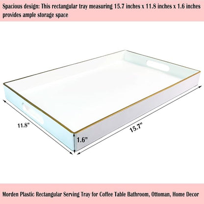 Large White Rectangular Decorative Tray – Plastic Serving Tray with Handles for Coffee Table, Ottoman, Living Room, 15.7” x 11.8” x 1.6