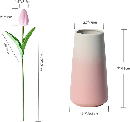 Mandy's Artificial Tulips 28 Stems Light Pink with Gradient Pink Vase PU Faux Flowers for Wedding Home Decor 13.5 Inch