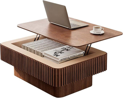 Lift Coffee Table with Storage & Adjustable Height, Solid Wood Coffee Table Fluted Center Table Accent Tea Table or Living Room, Apartment, Office (38.6" Walnut)