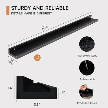 Picture Ledge Shelf for Wall, Floating Shelves Set of 4, 36 Inch Long Nursery Book Shelves for Toys Storage, Kids Bookshelf Wall Mounted for Books Photo Frames, Black