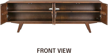 NTC Sapa Mid-Century Modern Solid Wood TV Stand 4-Door Media Console with Carved Geometric Fronts for TVs up to 75", Effortless Assembly, Dark Walnut