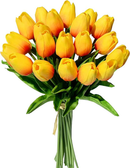 Mandy's Artificial Tulips 20 Stems Sunset PU Faux Flowers for Wedding Home Decor 13.5 Inch