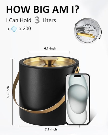 3L Ice Bucket with Silicone Lid, Scoop, Gold Tongs & Strainer, Stainless Steel Double Wall Insulated Ice Buckets for Parties & Cocktail Bar, Outdoor Champagne Ice Container Bin, Black