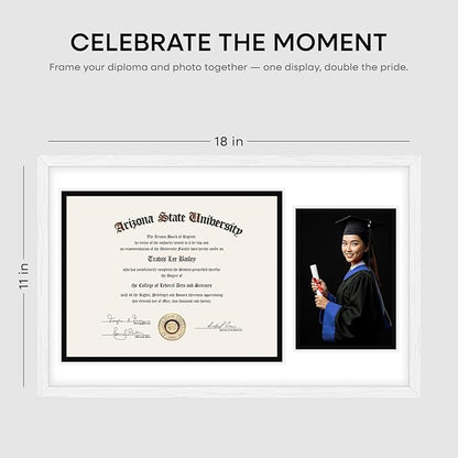 Homeforia 11x18 White Diploma Frame with Photo, High End Oak 11 x 18 Certificate Wood Frame with Mat 8.5x11 Diploma and 5x7 Picture, 18 by 11 Wooden Document Frames, Tempered Glass, Wall Kit, Set of 1