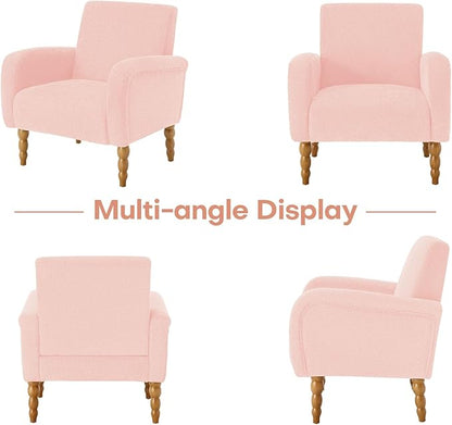 Chenille Fabric Accent Chair, Upholstered Armchair with Solid Wood Legs, Modern Living Room Accent Chair, Comfy Single Sofa Chair Reading Club Chair for Bedroom Reception Lounge, Pink