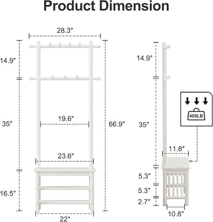 Coat Rack with Shoe Storage, Narrow Wooden Hall Tree with Bench, 11 Hooks and 2-Tier Storage Shelves, 3-in-1, Entryway Bench with Coat Rack (23.6"-Deep White)