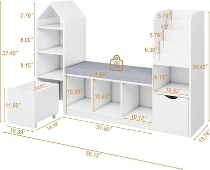 Vabches Kids Bookcase and Bookshelf with Reading Nook, Multifunctional Bookcase with 7 Storage Cubbies 2 Movable Drawers, Bookcases with Seat Cushion for Toy Storage Organizer Children's Room, Bedroom